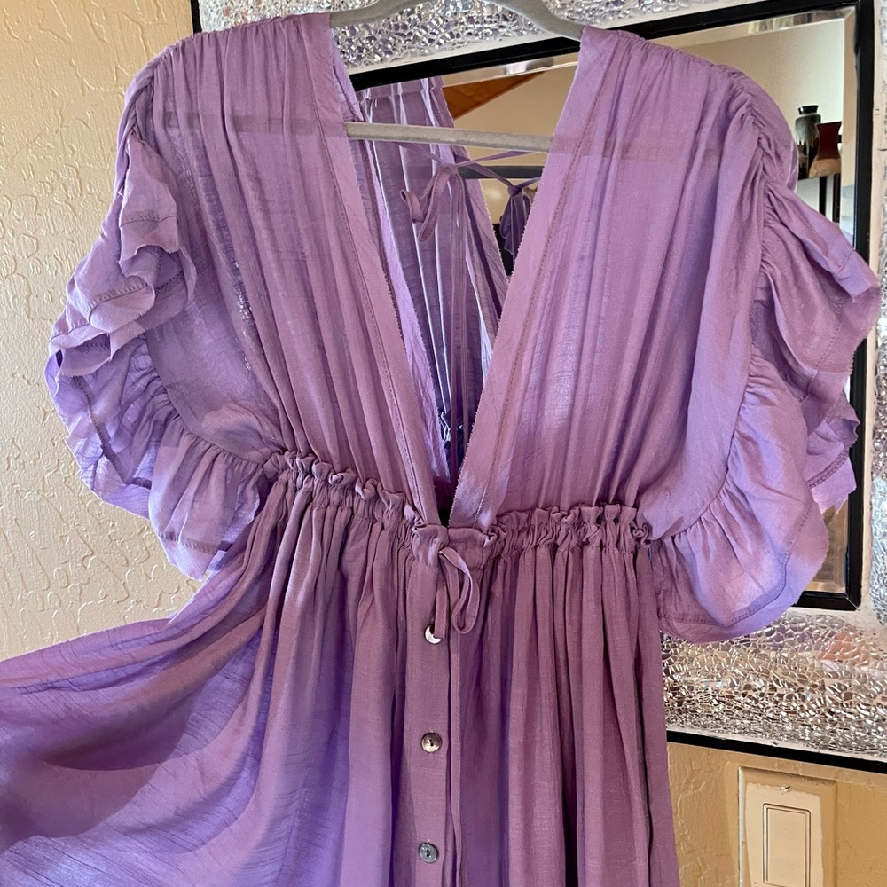 Butterfly Orchid Boho Gauze Button Front Flutter Maxi Dress W/Adjustable Tie - Picture 11 of 12
